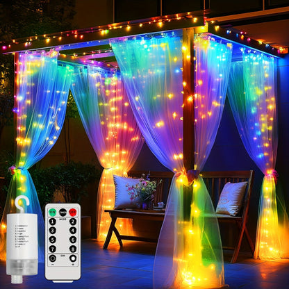 String Lights, 330-LED Waterfall Curtain Panel with Battery Power, Remote, Eight Modes and Three Colors