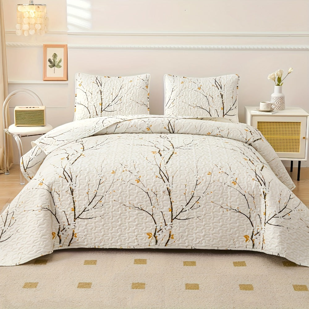 Reversible Botanical Microfiber Quilt Set with Pillow Shams, Five Patterns and Twin, Full/Queen or King Sizes