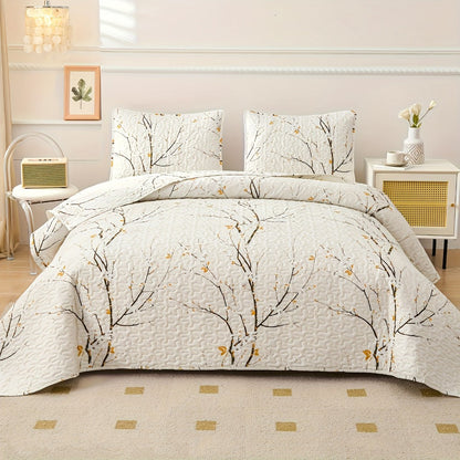 Reversible Botanical Microfiber Quilt Set with Pillow Shams, Five Patterns and Twin, Full/Queen or King Sizes