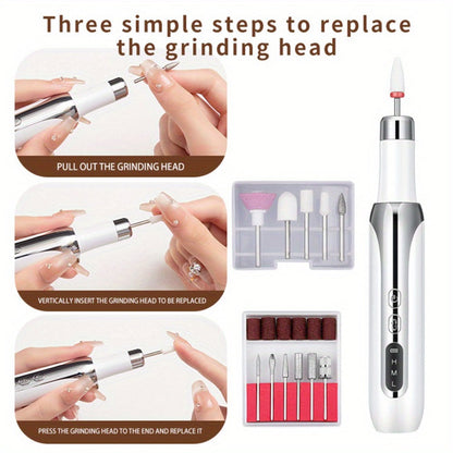 Electric Nail Drill Cordless USB Rechargeable Pen with Bit and Sanding Band Set in Gold or White