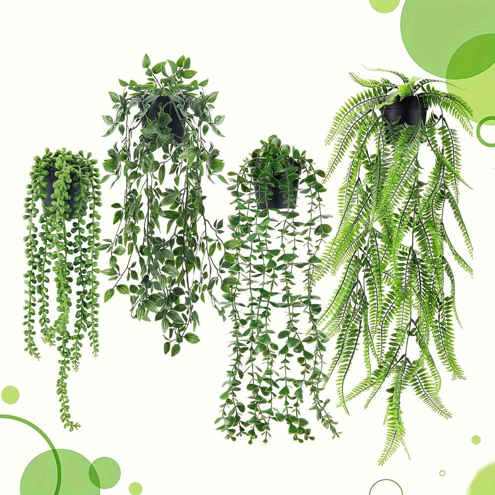 Hanging Artificial Greenery Vines, Four-Piece Mixed Pack with Boston Fern, Eucalyptus and Trailing Styles