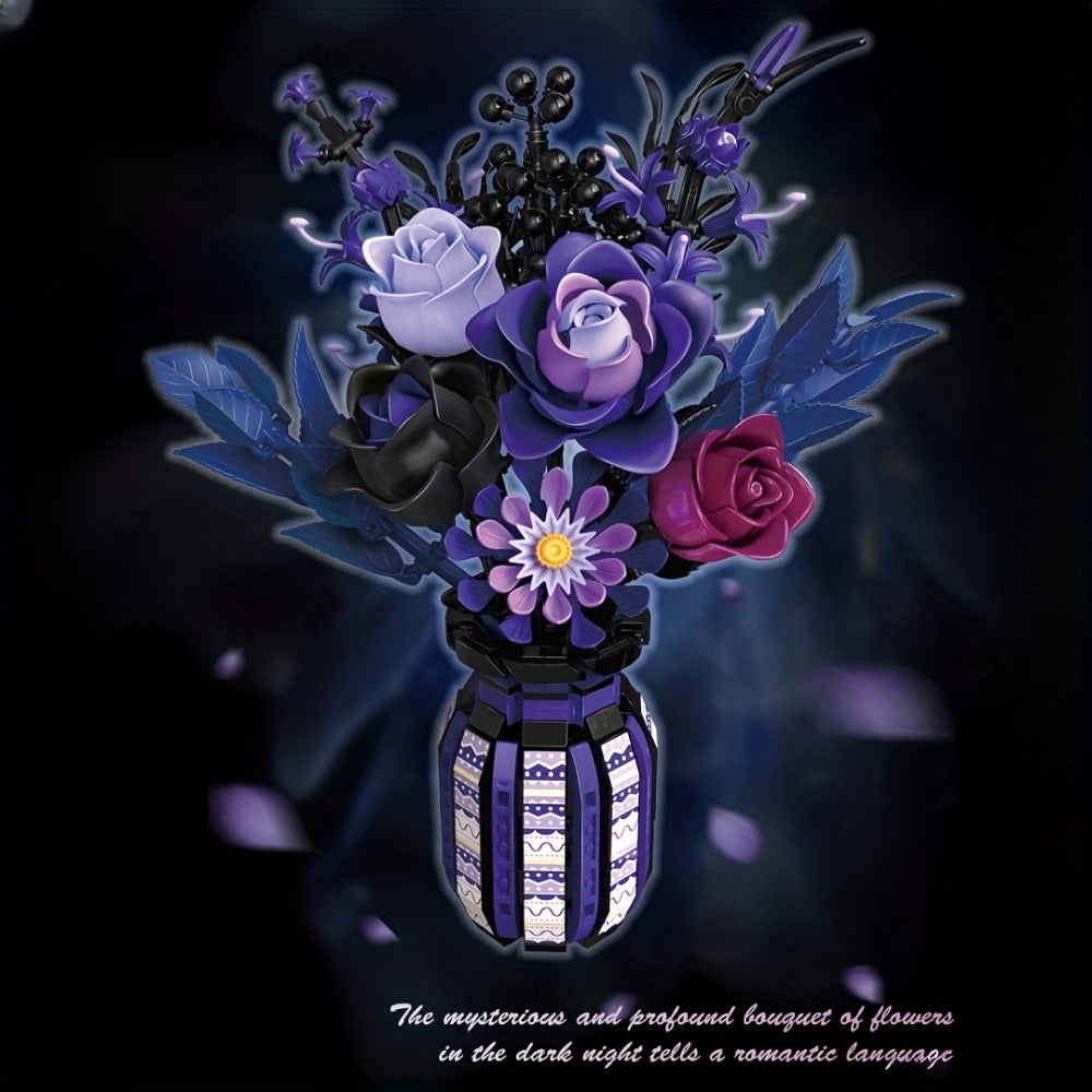 1218-Piece Gothic Flower Bouquet Building Block Model with Mixed-Color Blooms and Brick-Built Vase