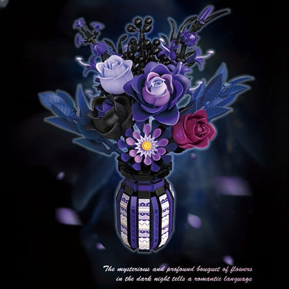1218-Piece Gothic Flower Bouquet Building Block Model with Mixed-Color Blooms and Brick-Built Vase