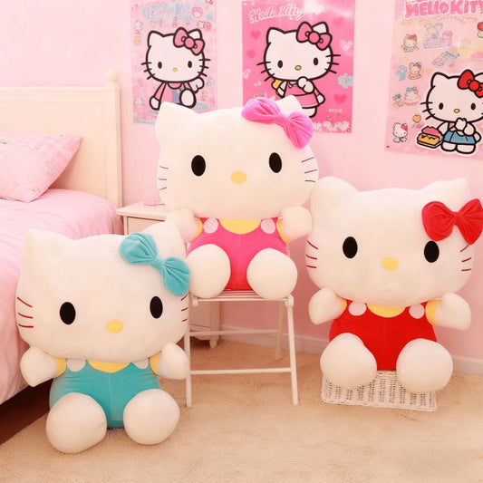 Plush Toy Bow-Wearing Cat Character Doll with Red, Pink or Blue Color Options and Soft Fabric