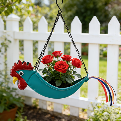 Rooster Hanging Planter – Wrought Iron Flower Pot with Chain for Succulents, Courtyard, Balcony & Eaves – Unique Gardening Gift