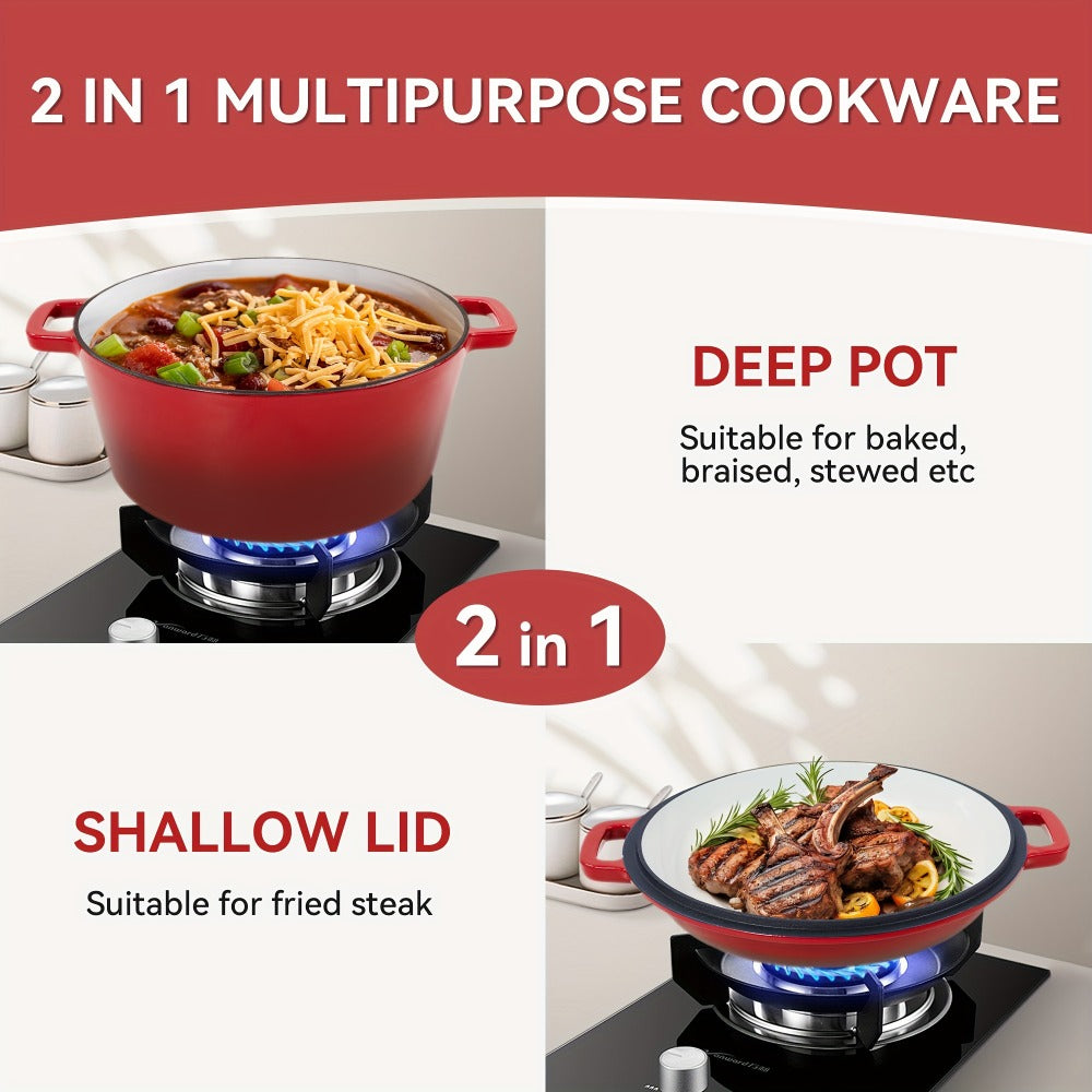 Dutch Oven 6 Quart Enameled Cast Iron 2-in-1 Pot and Bread Baker Nonstick Oven Safe to 500°F Dual Handles Compatible with All Stovetops Including Induction for Bread Baking Cooking Stewing Braising