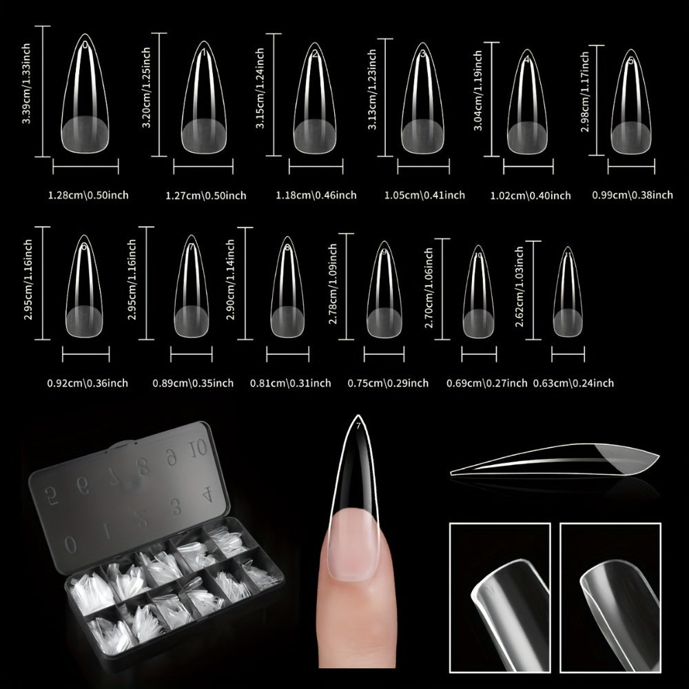 Clear Full-Cover Nail Tips, 600-Piece Set in Nine Almond, Oval, Stiletto, Coffin and Square Length Options