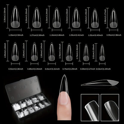 Clear Full-Cover Nail Tips, 600-Piece Set in Nine Almond, Oval, Stiletto, Coffin and Square Length Options