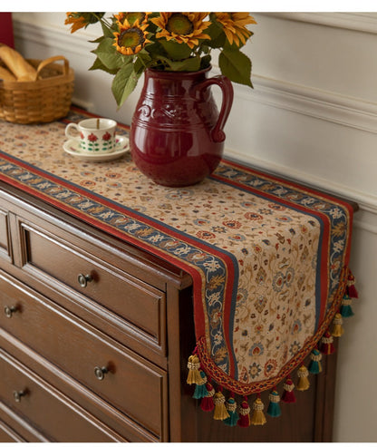 Tasseled Floral Table Runner with 15.75-Inch Width and Three Length Options for Dining Tables