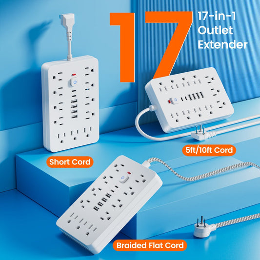 Power Strip with 11 AC Outlets, 4 USB-A, 2 USB-C and Short, 5-Foot or 10-Foot Standard or Braided Cord