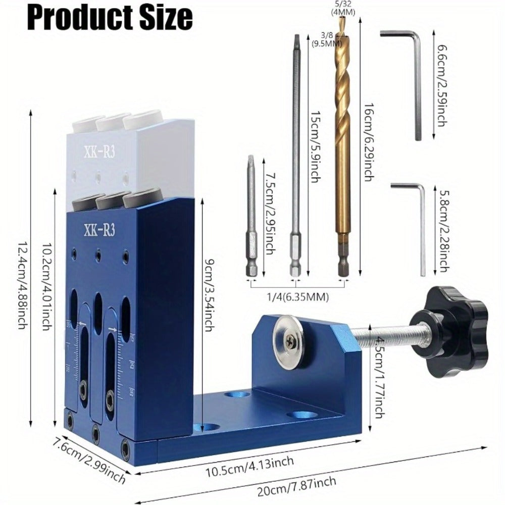 Adjustable Pocket Hole Jig Kit with Three 15-Degree Drill Guides, Bits, Screws, Plugs and Hex Drivers