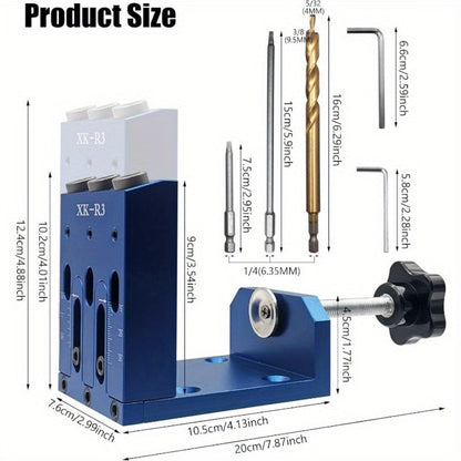 Adjustable Pocket Hole Jig Kit with Three 15-Degree Drill Guides, Bits, Screws, Plugs and Hex Drivers