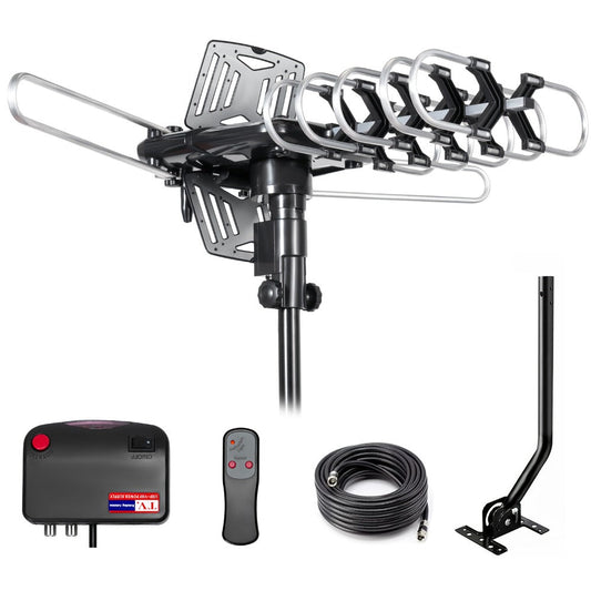 TV Antenna with Motorized Outdoor Yagi Array, Two-TV Control Box, Remote, RG6 Cable and Mounting Pole