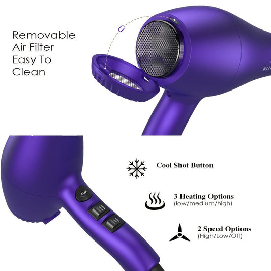 1875W Ionic Hair Dryer with Diffuser Concentrator Comb Nozzle - Professional Blow Dryer DC Motor 3 Heat 2 Speed Cool Shot Anti-Frizz Salon Quality for Women Black