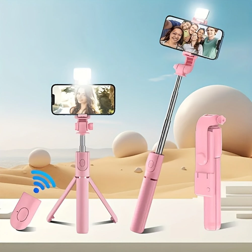 27.16-Inch Compact Selfie Stick Tripod with Integrated Light, Rotating Clamp, Remote and Two Colors