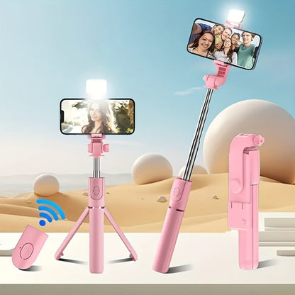27.16-Inch Compact Selfie Stick Tripod with Integrated Light, Rotating Clamp, Remote and Two Colors