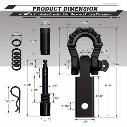 Shackle Hitch Receiver 2-Inch 68,000 lb Break Strength with 3/4" D-Ring & 5/8" Hitch Lock Pin – Heavy Duty Drop Forged Steel 8-Ton Vehicle Recovery Tow Hitch, Multi-Color