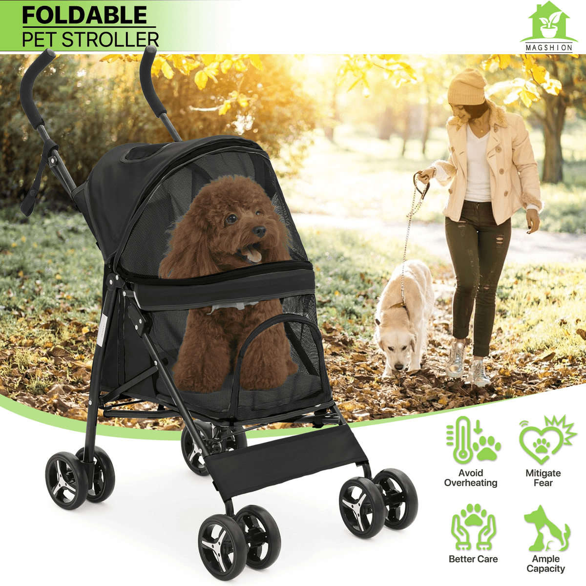 Four-Wheel Pet Stroller with Mesh Cabin, Folding Frame, Lower Basket and Ten Color or Print Options