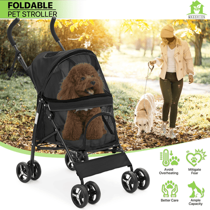 Four-Wheel Pet Stroller with Mesh Cabin, Folding Frame, Lower Basket and Ten Color or Print Options