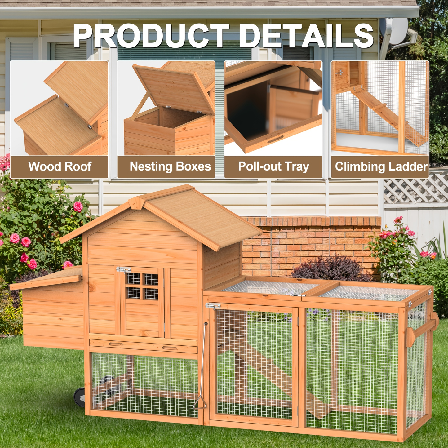 Chicken Coop on Wheels with Nesting Box & Removable Tray | Portable Wooden Hen House for 3-4 Hens with Expandable Run, Wood or Sunshine Board Roof