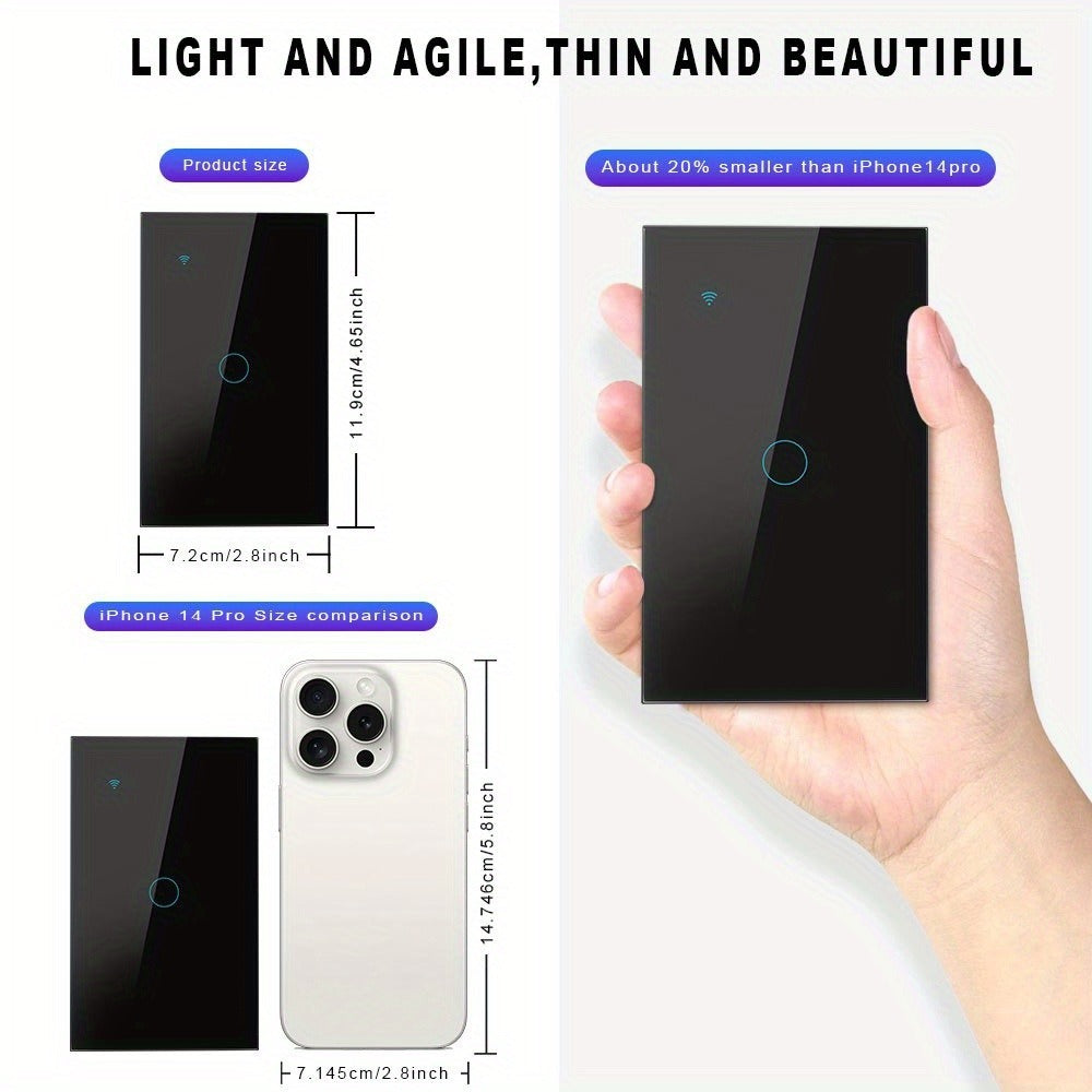Black Glass WiFi Touch Wall Switch with One-, Two-, Three- or Four-Gang US-Style Options and Neutral-Wire Wiring
