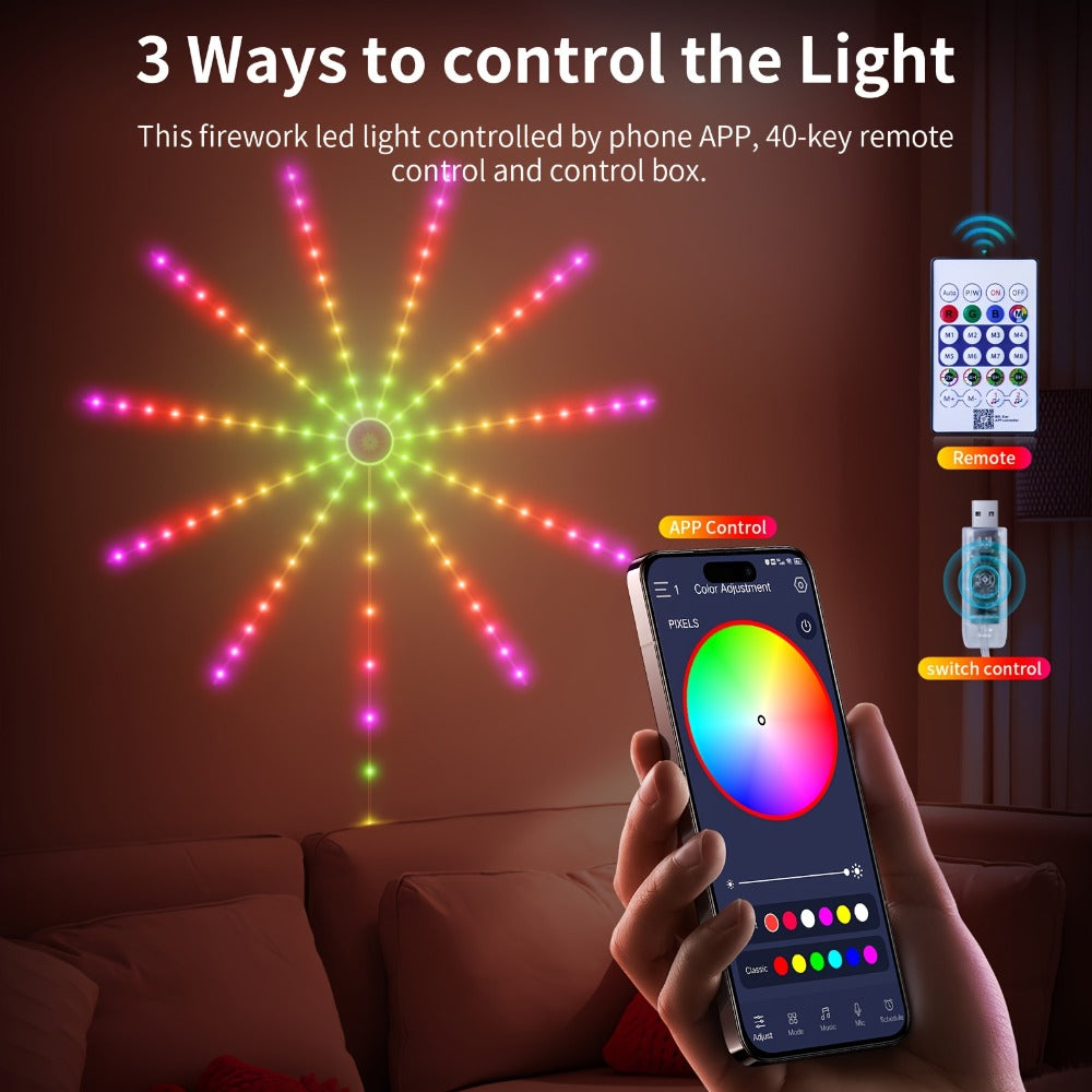 RGB Firework LED Light Strip Wall Array with Central Hub, Radiating Branches, App and Infrared Remote