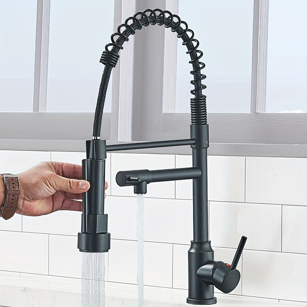 Single-Hole Pull-Down Kitchen Faucet with Spring Spout, 360° Swivel Sprayer and Three Finish Options