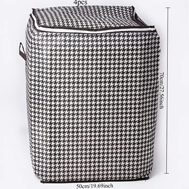 4pcs Large Storage Box Set with Lid & Handle – Black White Checkered, Stackable, Thickened Lining, Double Zipper, Under-Bed & Moving Organizer