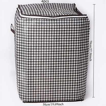 4pcs Large Storage Box Set with Lid & Handle – Black White Checkered, Stackable, Thickened Lining, Double Zipper, Under-Bed & Moving Organizer