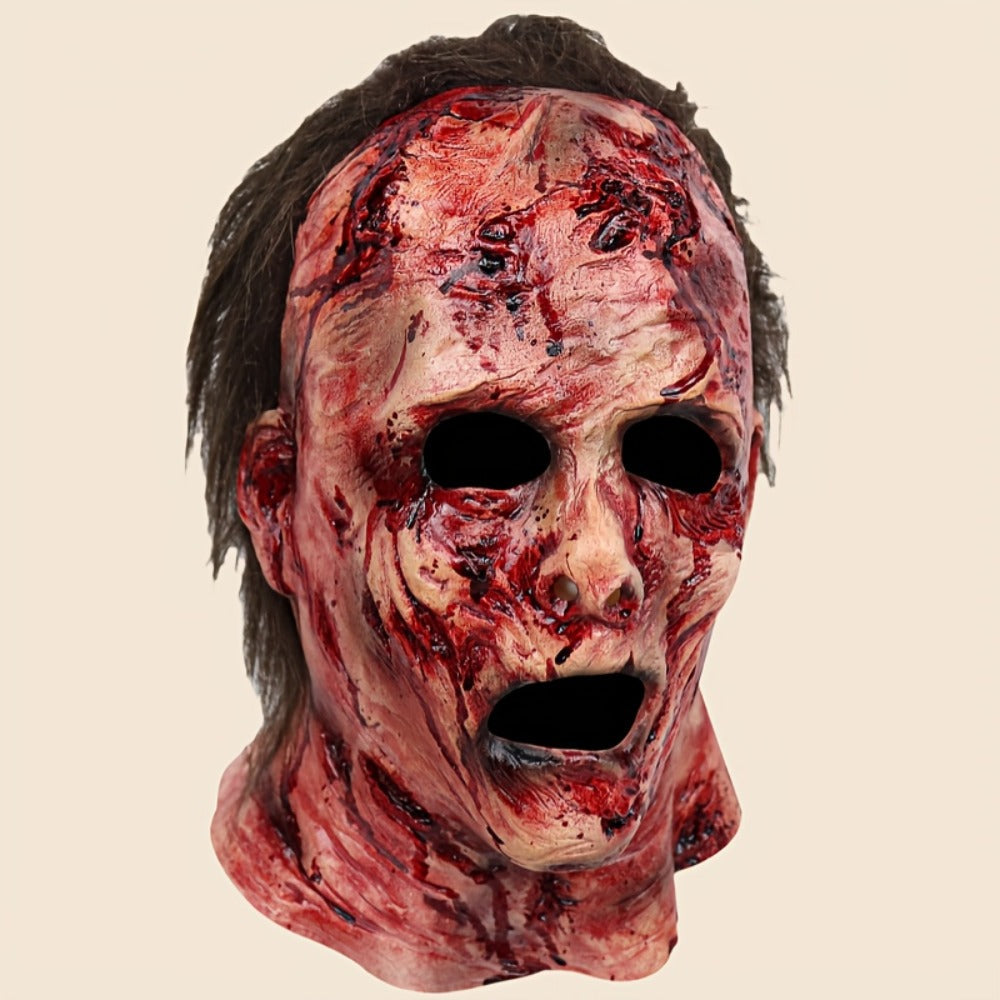 Bloody Decayed Face Full-Head Halloween Mask with Dark Hair, Open Eyes and Mouth for Adult Horror Costumes