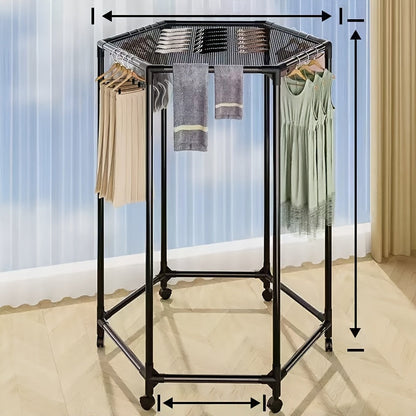 Rotating Hexagonal Garment Rack with Six-Sided Hanging Frame, Casters and Black or White Mesh-Bag Options
