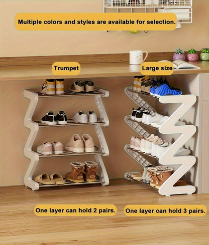 Four-Tier Z-Frame Shoe Rack with Metal Tubes in Graphite Black, Dawn Pink, Gray or Breeze Blue
