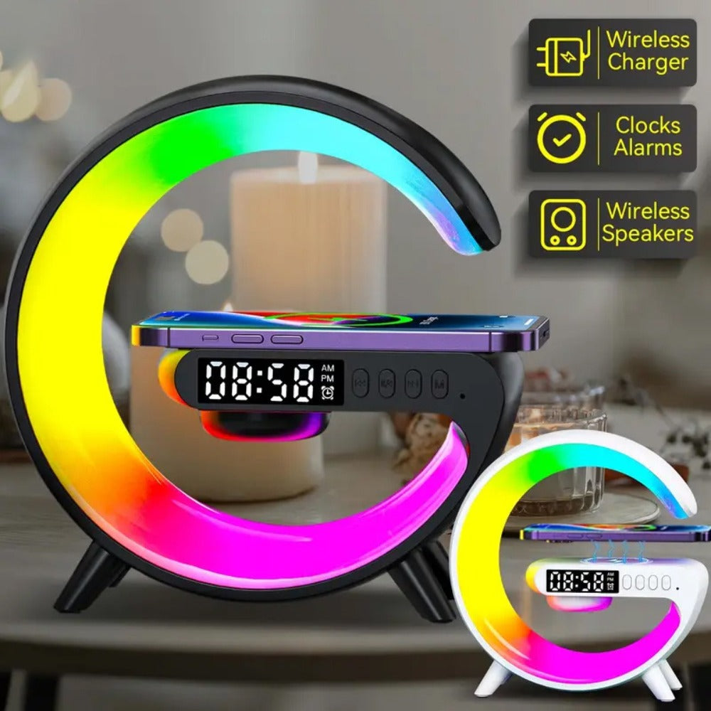 G-Shaped RGB Wireless Charging Lamp with Alarm Clock, Bluetooth Speaker and Black or White Finish