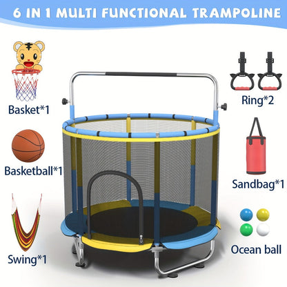 Kids Trampoline with Enclosure and Gymnastics Bar – 60" Height Adjustable Safety Net Trampoline for Toddlers Ages 3+, Indoor Outdoor Active Play with Toys Included | Best Birthday Gift