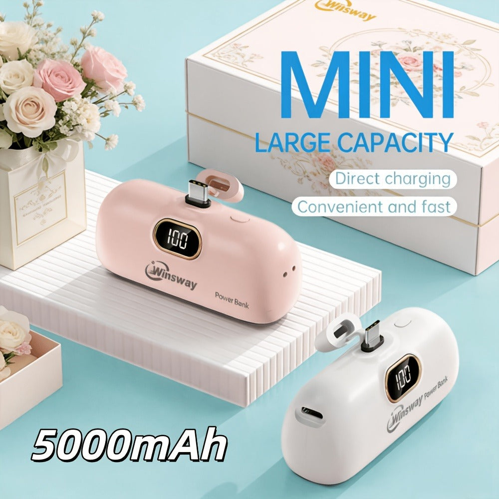 Winsway 5000mAh Mini Portable Charger Type-C Metal Plug with LED LCD Display – Fast Charging Pocket Battery Pack for iPhone 17 16 15 Pro Max iPad Pro Android Samsung, Compact Travel Gift