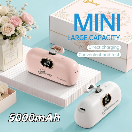 Winsway 5000mAh Mini Portable Charger Type-C Metal Plug with LED LCD Display – Fast Charging Pocket Battery Pack for iPhone 17 16 15 Pro Max iPad Pro Android Samsung, Compact Travel Gift