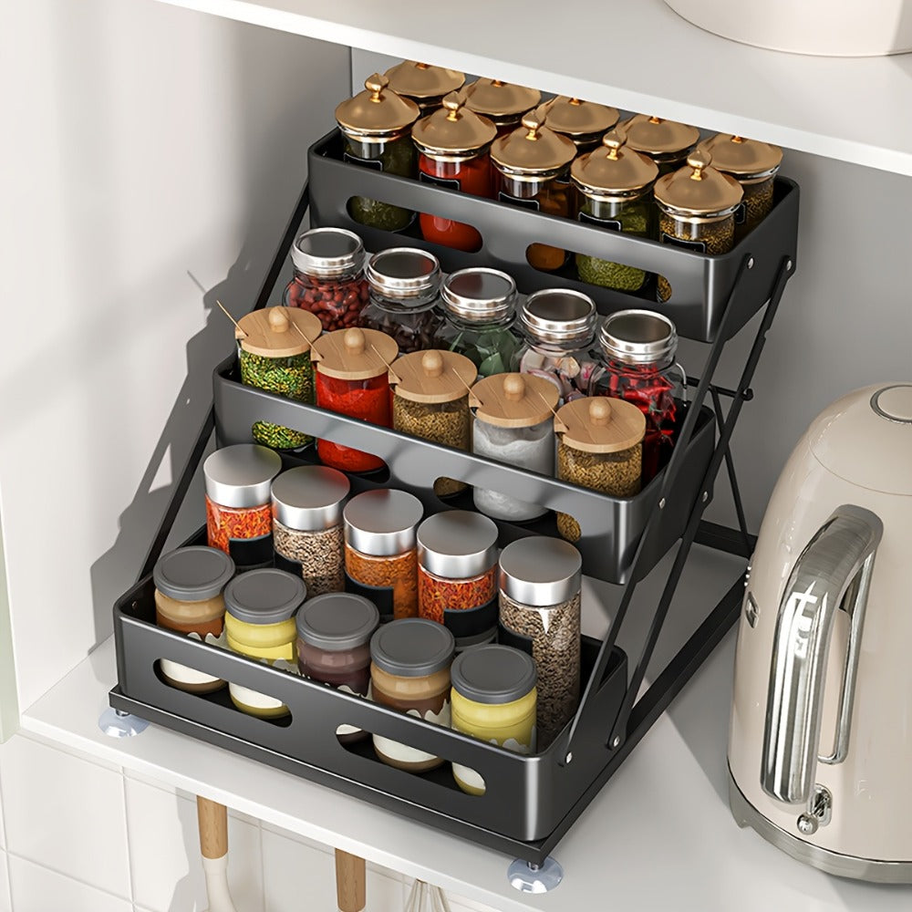 Three-Tier Foldable Spice Rack Organizer in Black or White with Front Rails and Side Supports