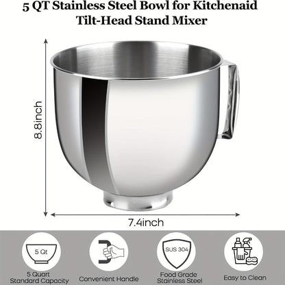 KitchenAid Compatible Stainless Steel Mixer Bowl 5 Quart, 304 Stainless Steel Stand Mixer Bowl with Ergonomic Handle & Spill-Resistant Lid, Oven Safe Replacement Bowl for KitchenAid 4.5-5 QT Tilt-Head