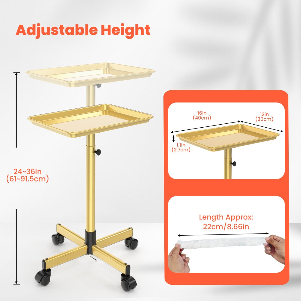 Adjustable Salon Tray Cart with 10 Disposable Covers and Gold or Pink Finish on Rolling Casters