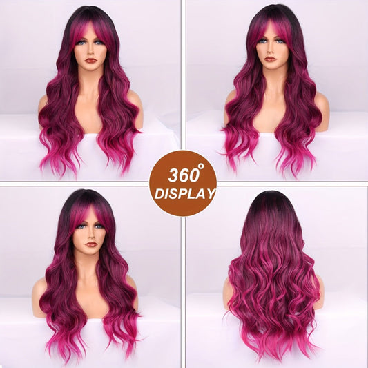 Synthetic Wig 26-Inch Ombre Rose-Red to Dark-Purple Body Waves with Bangs and Side Part for Cosplay
