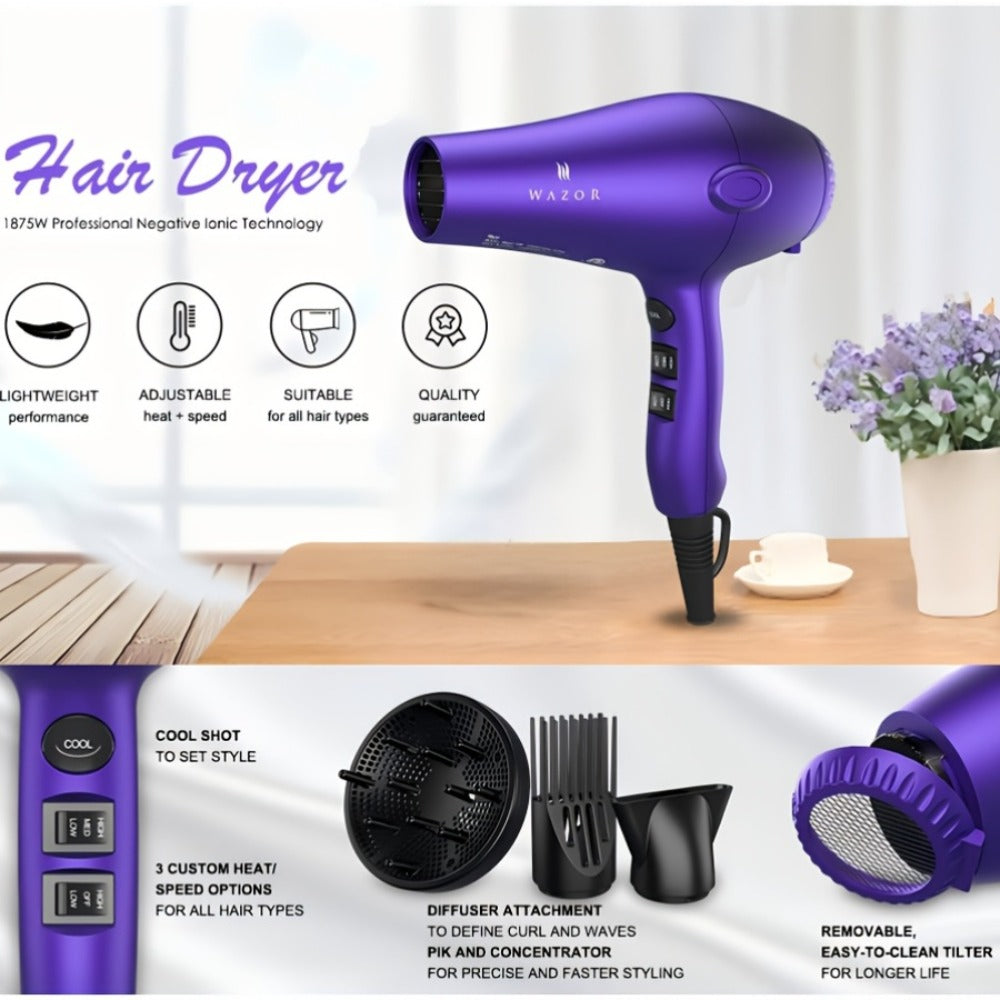 Purple WAZOR 1875W Hair Dryer with Three Heat Settings, Two Speeds, Cool Shot and Three Styling Attachments