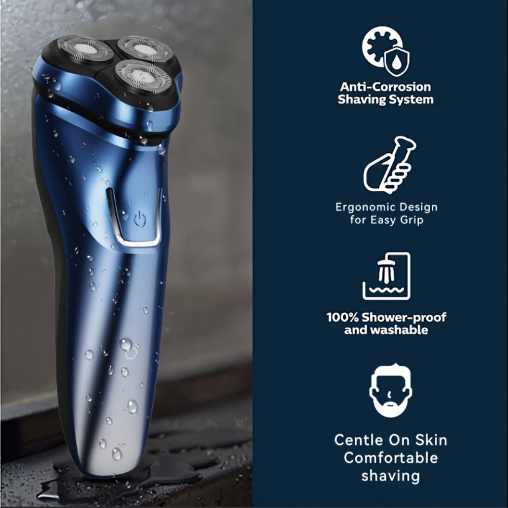 Three-Head Rotary Electric Shaver with Pop-Up Trimmer in Gunmetal or Blue Fade, ABS and Stainless Steel