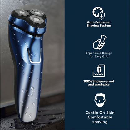 Three-Head Rotary Electric Shaver with Pop-Up Trimmer in Gunmetal or Blue Fade, ABS and Stainless Steel