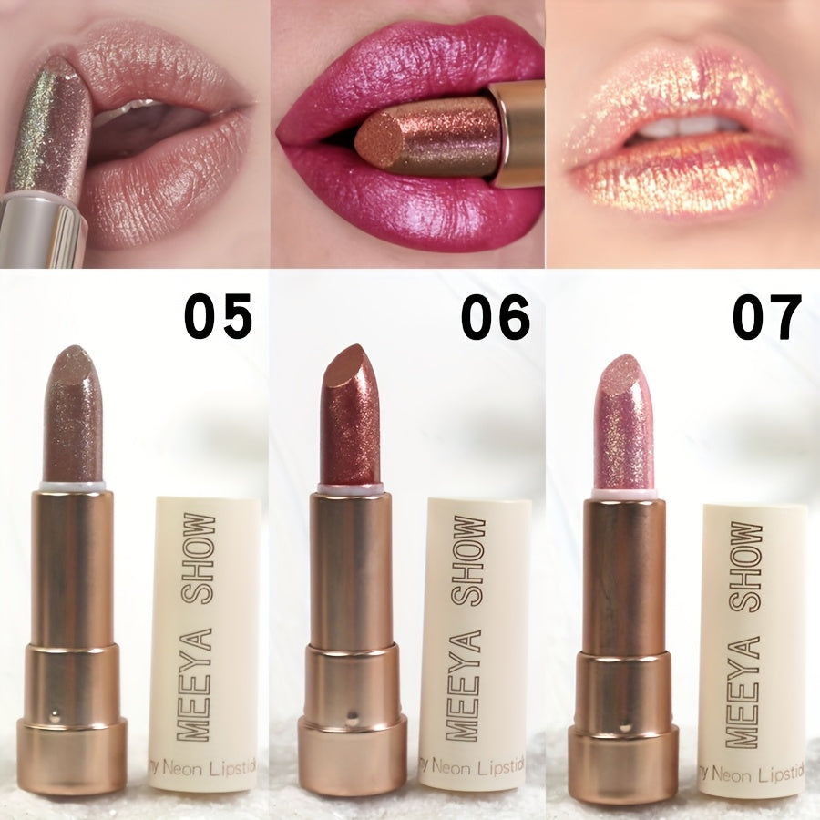 Three-Piece Glitter Shimmer Lipstick Set with Pearlescent Pink-Gold Finish for Party and Stage Makeup