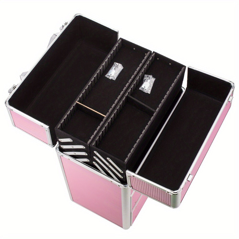 Pink Four-Tier Rolling Makeup Train Case with Fold-Out Top Trays, Two Drawers and Telescoping Handle