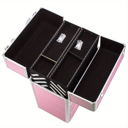 Pink Four-Tier Rolling Makeup Train Case with Fold-Out Top Trays, Two Drawers and Telescoping Handle