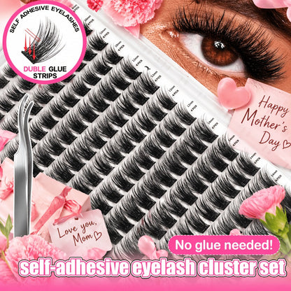 156-Piece Mixed Self-Adhesive Lash Cluster Tray with Black Tweezers and Spoolie Brush in Mixed Style