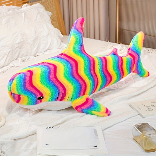 Stuffed Animal Rainbow Shark with Long Pillow Shape, Mixed Colors and Soft Plush Fabric for Room Decor