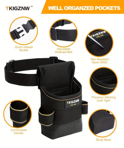 Black Tool Belt Pouch with Adjustable Waist Strap, Zipper Pocket and Multi-Compartment Layout