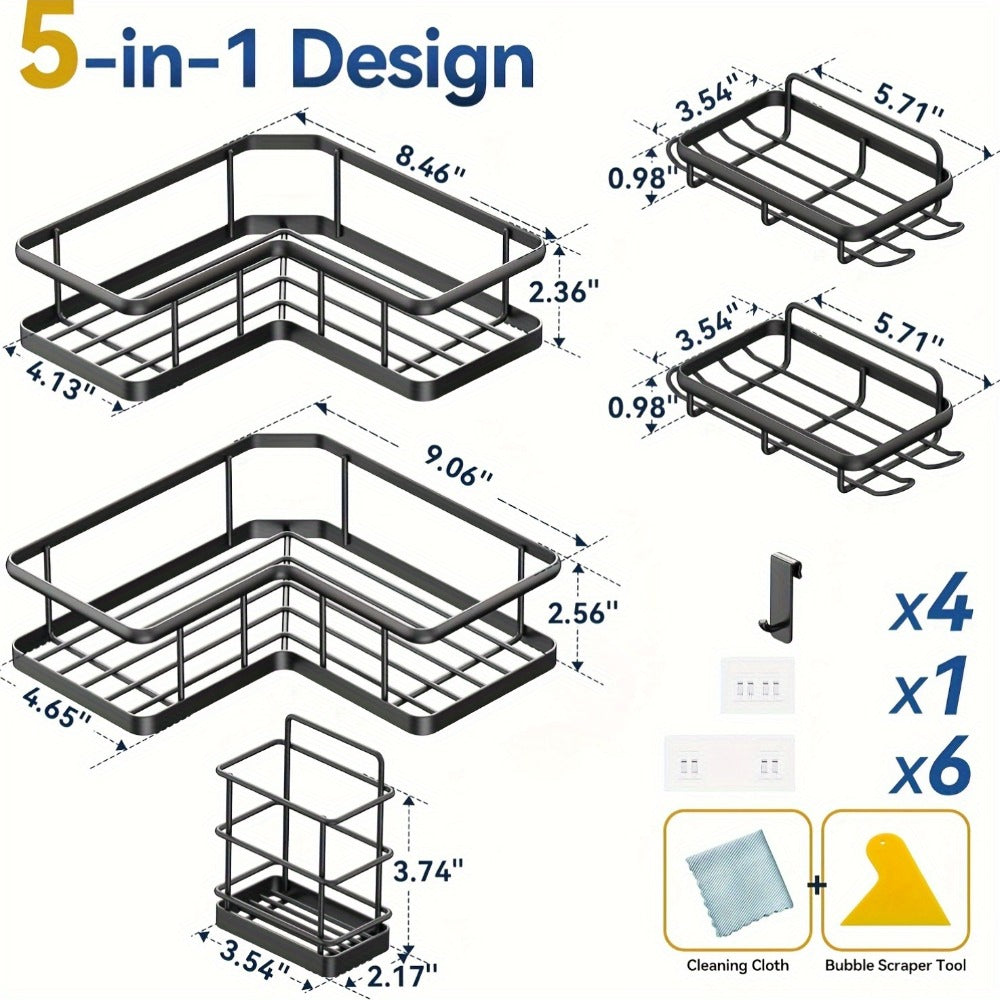 Five-Piece Corner Shower Caddy Set with Soap Holder and Four Removable Hooks in Seven Colors